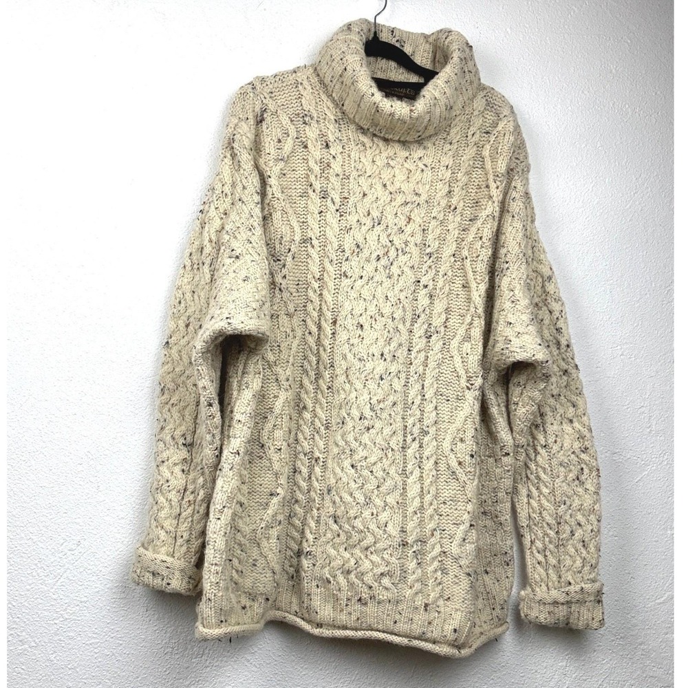 Inis Crafts Oatmeal Wool Cable Knit Sweater - XL - Donegal Turtleneck Irish